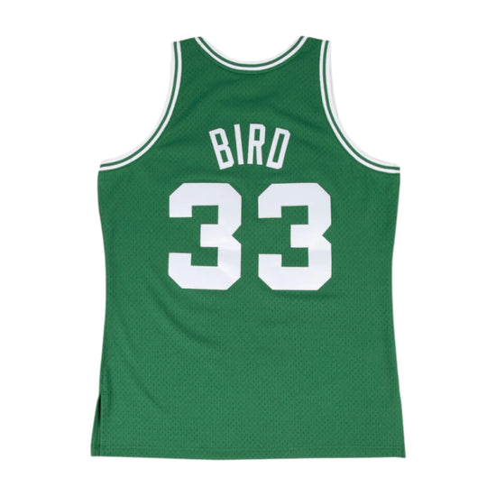 Canotta Mitchell & Ness NBA 1985 Bird Celtics verde, maglia swingman di Larry Bird, dettaglio del logo e tessuto in vista