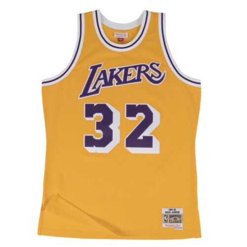 Canotta Mitchell & Ness Lakers 1984 Magic Johnson, light gold, con logo dei Los Angeles Lakers, stile Swingman, vista frontale