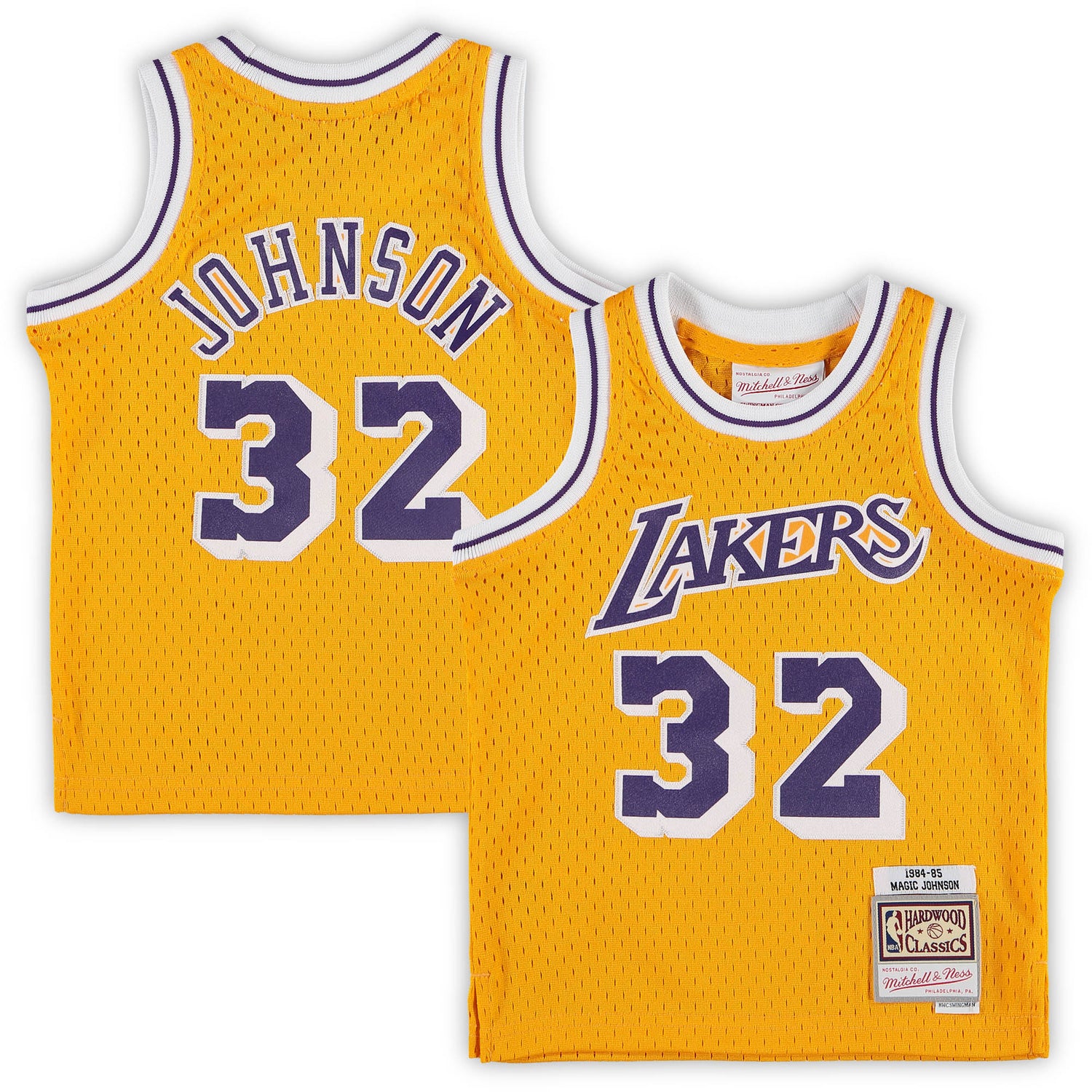 Canotta NBA Lakers 1984 Mitchell & NESS Magic Johnson, colore oro chiaro, stile Swingman, dettagli visibili in immagine