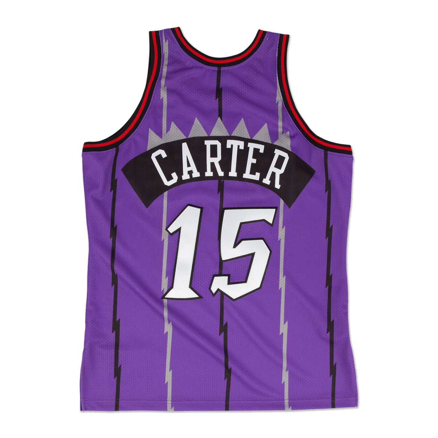 Canotta Mitchell & Ness NBA Vince Carter Raptors 1998 viola, dettaglio logo e tessuto, stile Swingman, abbigliamento sportivo.
