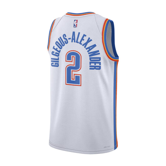 Canotta NBA Oklahoma City Thunder Nike replica Shai Gilgeous-Alexander bianca, dettaglio del logo e design sportivo