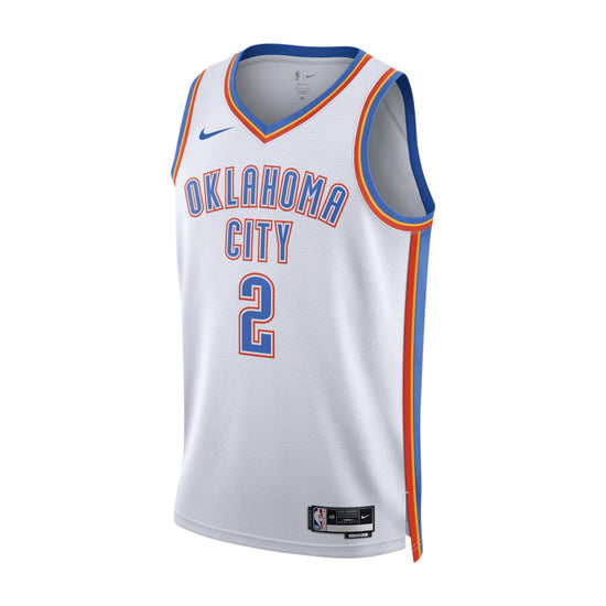 Canotta NBA Oklahoma City Thunder Nike replica con nome e numero di Shai Gilgeous-Alexander, bianca, dettaglio visibile
