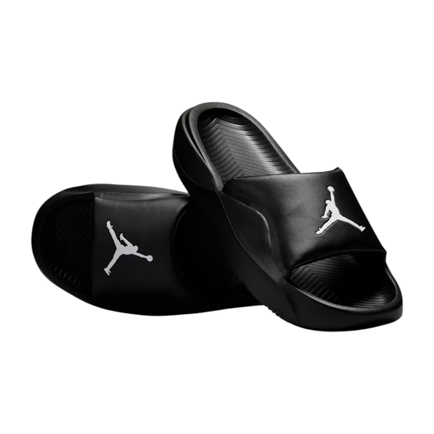 Ciabatte Jordan Franchise Slides da uomo nere e bianche, comode e leggere, con design sportivo e logo Jordan visibile.