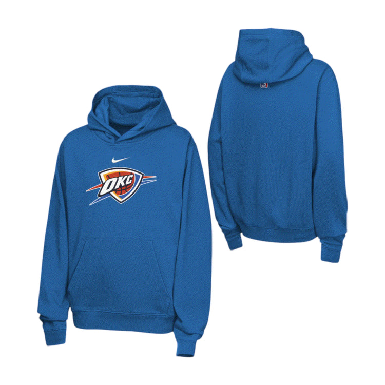 Felpa Nike NBA Kids OKC Thunder blu NBUL THU – vista frontale logo scudo OKC HD Swoosh Nike