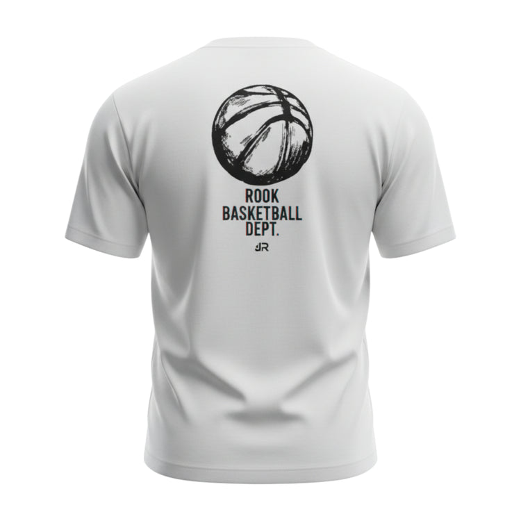 Maglietta da basket Rookie Basketball bianca su manichino ghost, con dettagli sportivi e logo visibile.