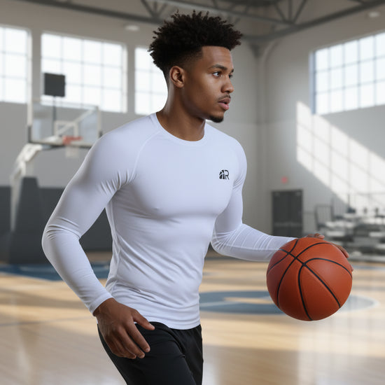 Maglia intima tecnica a manica lunga Rookie Basketball, ideale per scaldare muscoli e compressione, colore bianco.