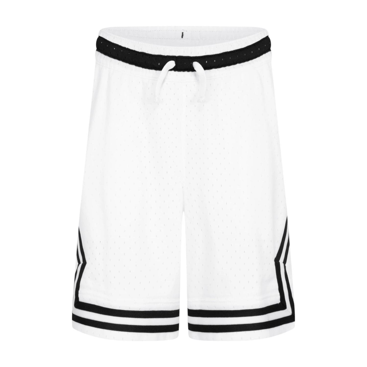 Pantaloncini da basket Jordan Diamond Kids in bianco, tessuto dri-fit per bambini, con dettagli sportivi e logo Jordan.