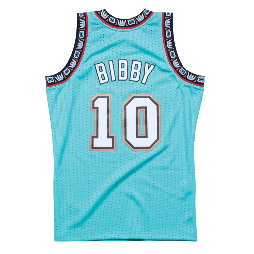 Canotta NBA Mitchell & Ness Mike Bibby Vancouver Grizzlies 1998 Swingman in teal, dettaglio con logo e numero sul fronte