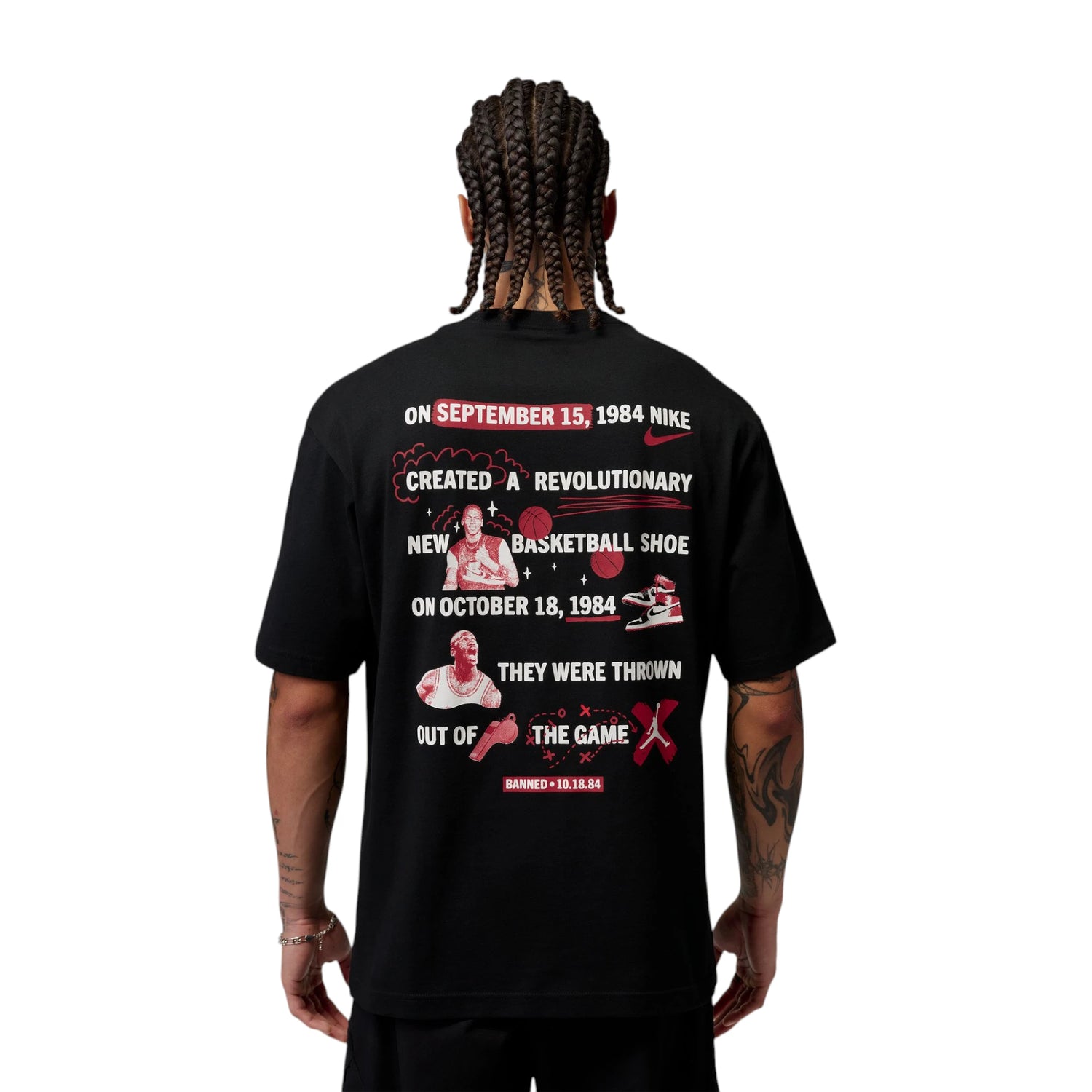 T-shirt Jordan AIR JORDAN BROOKLYN "BANNED" nero e rosso, maglietta da uomo con logo NBA e dettagli sportivi.