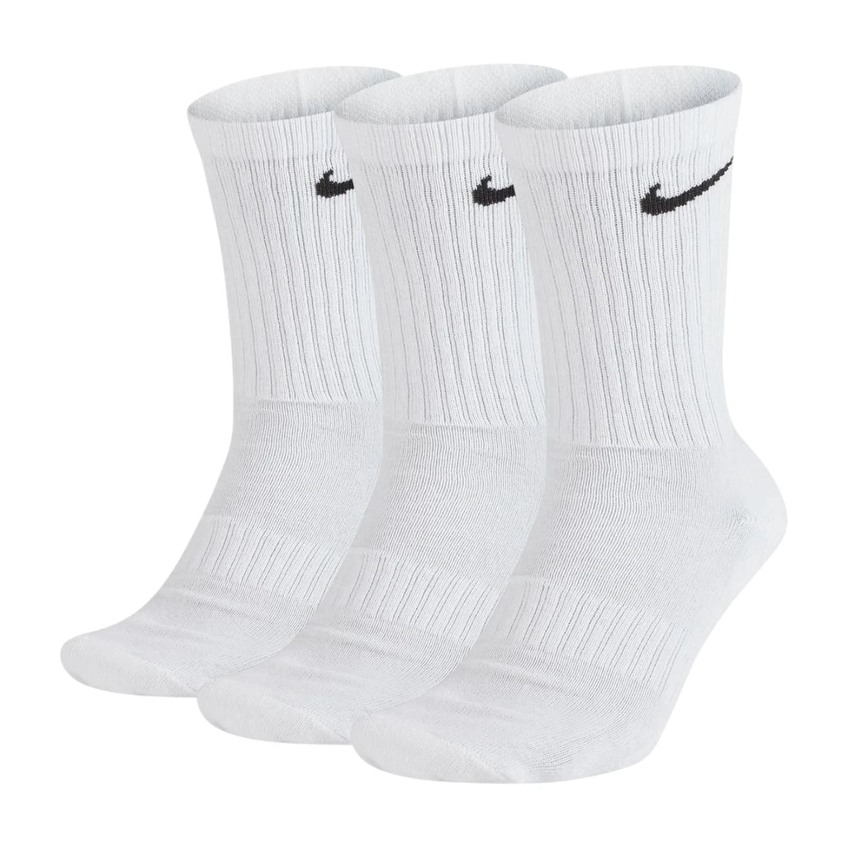 Calzini Nike Everyday Cushioned 3 paia bianco nero SX7664-100 – confezione frontale Swoosh