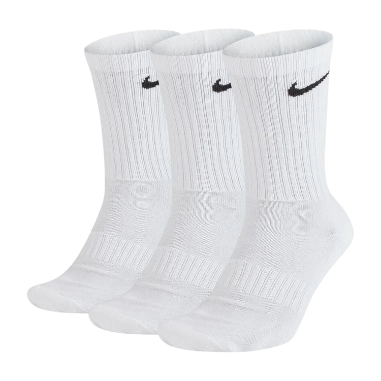 Calzini Nike Everyday Cushioned 3 paia bianco nero SX7664-100 – confezione frontale Swoosh