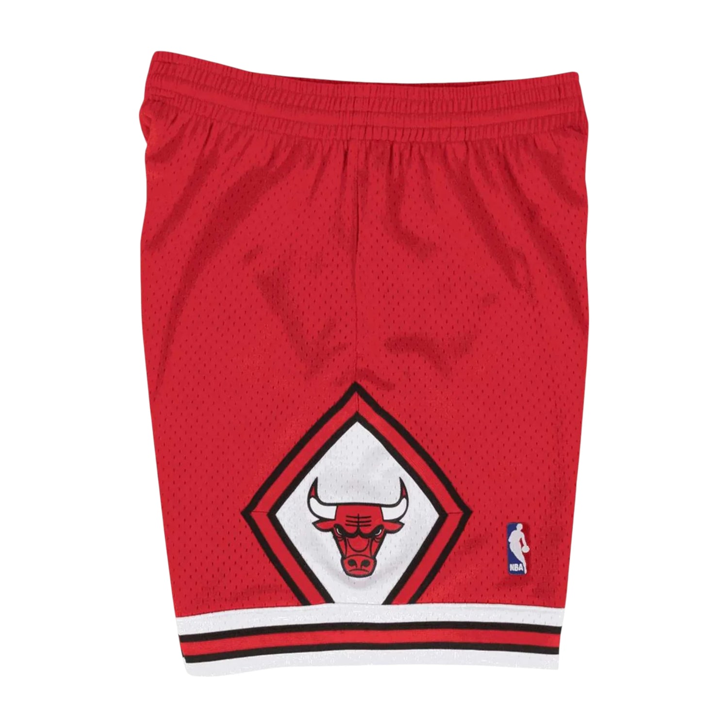 Pantaloncini NBA Bulls 97-98 Mitchell & Ness in colore scarlatto, pantaloncini sportivi con logo Bulls, stile vintage e autentico.