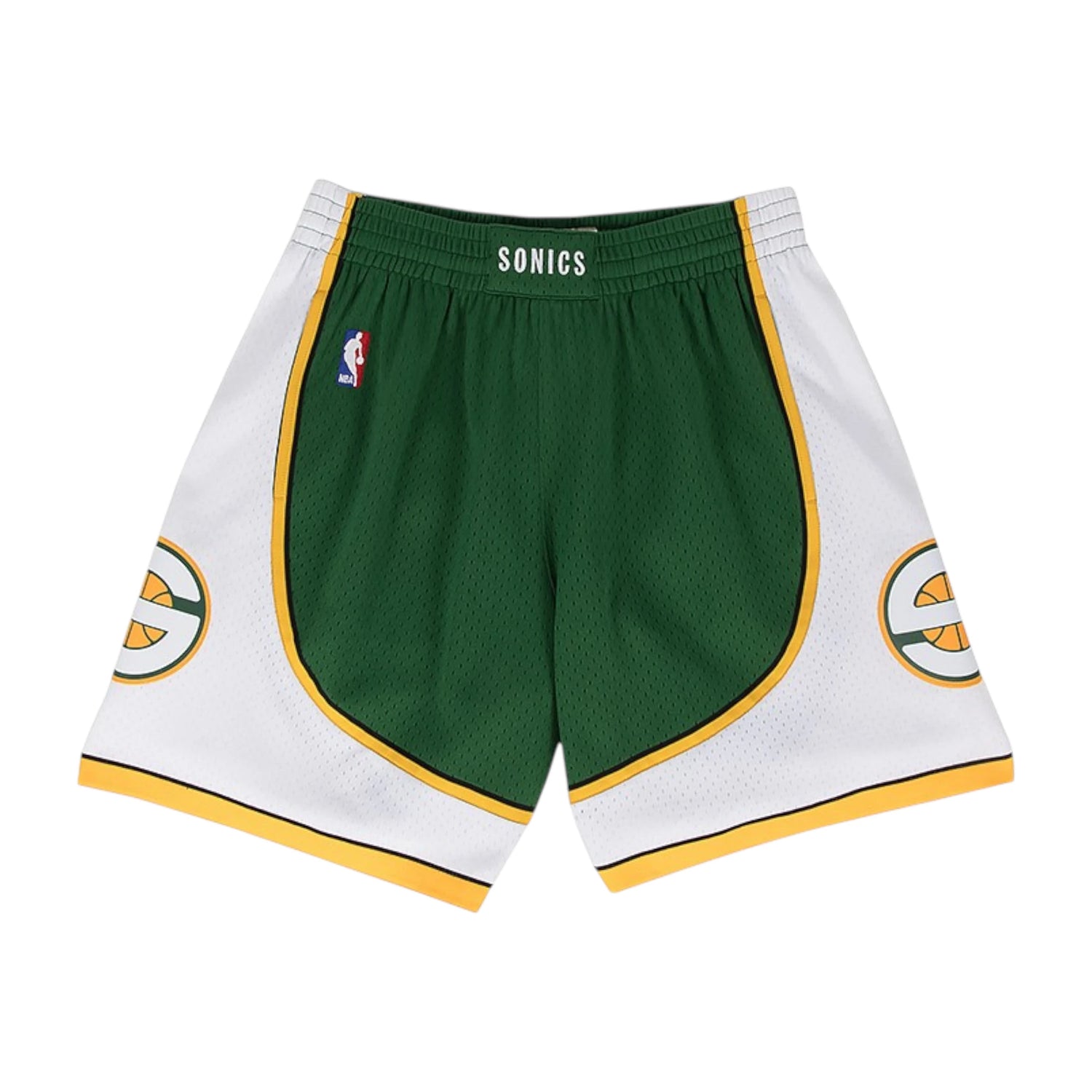 Pantaloncini NBA Mitchell & Ness Seattle SuperSonics 07-08 verde scuro, shorts da basket con logo e dettagli sportivi.