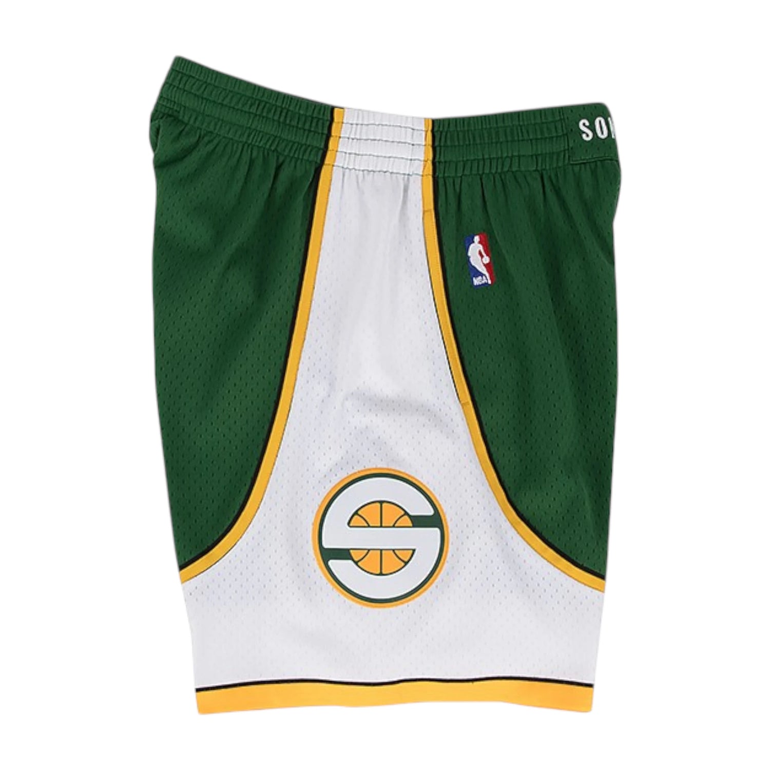 Pantaloncini NBA Mitchell & Ness Seattle SuperSonics 07-08 verdi scuri, stile sportivo con logo della squadra.