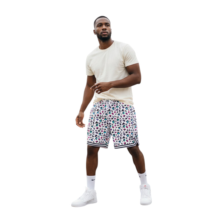 Shorts da basket Rookie Basketball leopard bianco, pantaloncini sportivi con stampa leopardata e vestibilità comoda.