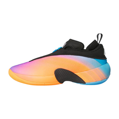 Scarpe da basket Adidas D.O.N. Issue 7 di Donovan Mitchell con design arancione, blu e viola, perfette per All Star Weekend.