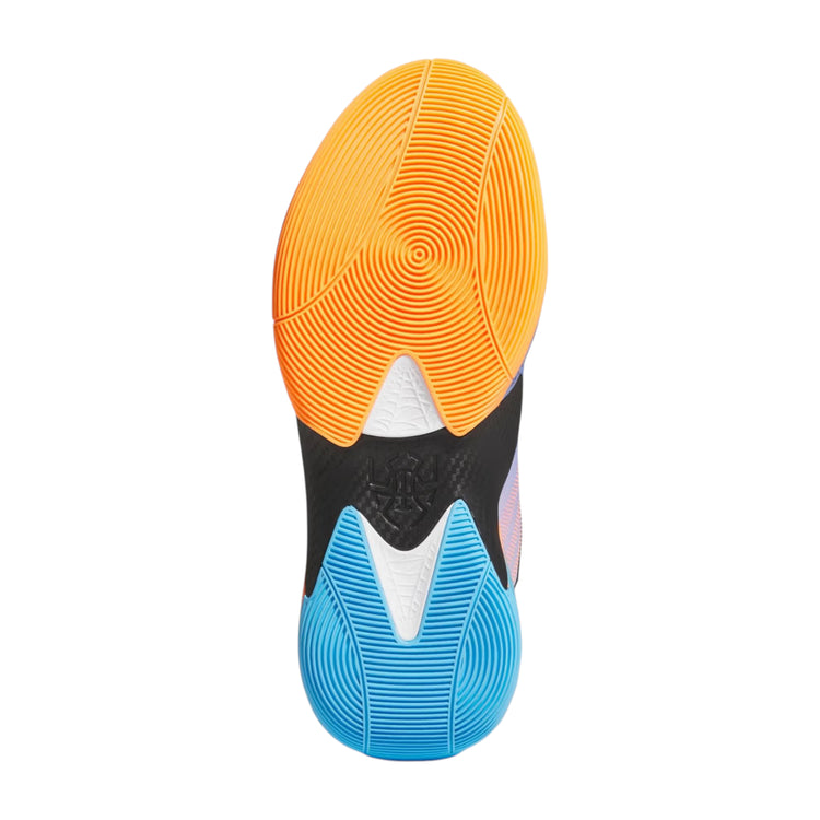 Scarpe da basket Adidas D.O.N. Issue 7 Donovan Mitchell, colore arancione, blu e viola, con dettagli signature NBA All Star Weekend.