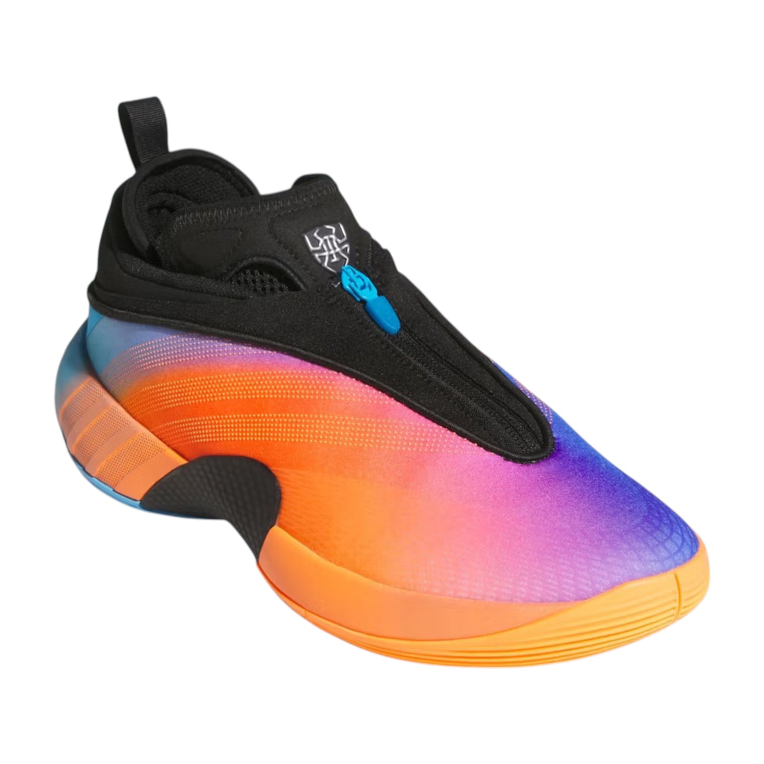 Scarpe da basket Adidas D.O.N. Issue 7 di Donovan Mitchell, colore arancione, blu e viola, stile signature NBA All Star Weekend.