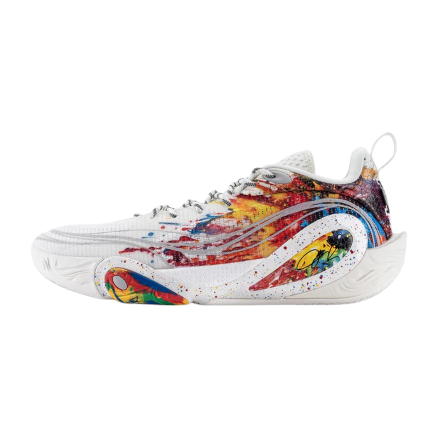 Scarpe da basket LI NING DLO 1 "Fireworks" per uomo, modello signature con dettagli rossi, bianchi, blu, verde e gialli.