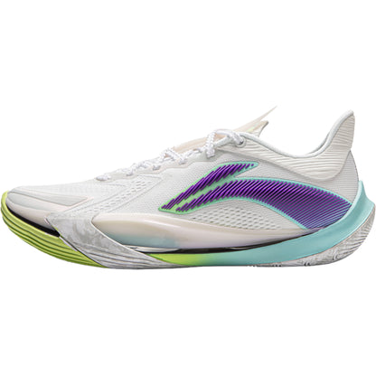 Scarpe da basket LI-NING Sonic XIII V2 bianche viola lime, design sportivo e moderno per uomo, vista frontale della scarpa.