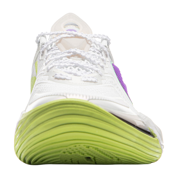 Scarpe da basket LI NING Sonic XIII V2 bianche, viola e lime, con design sportivo e suola antiscivolo, visibili in primo piano.