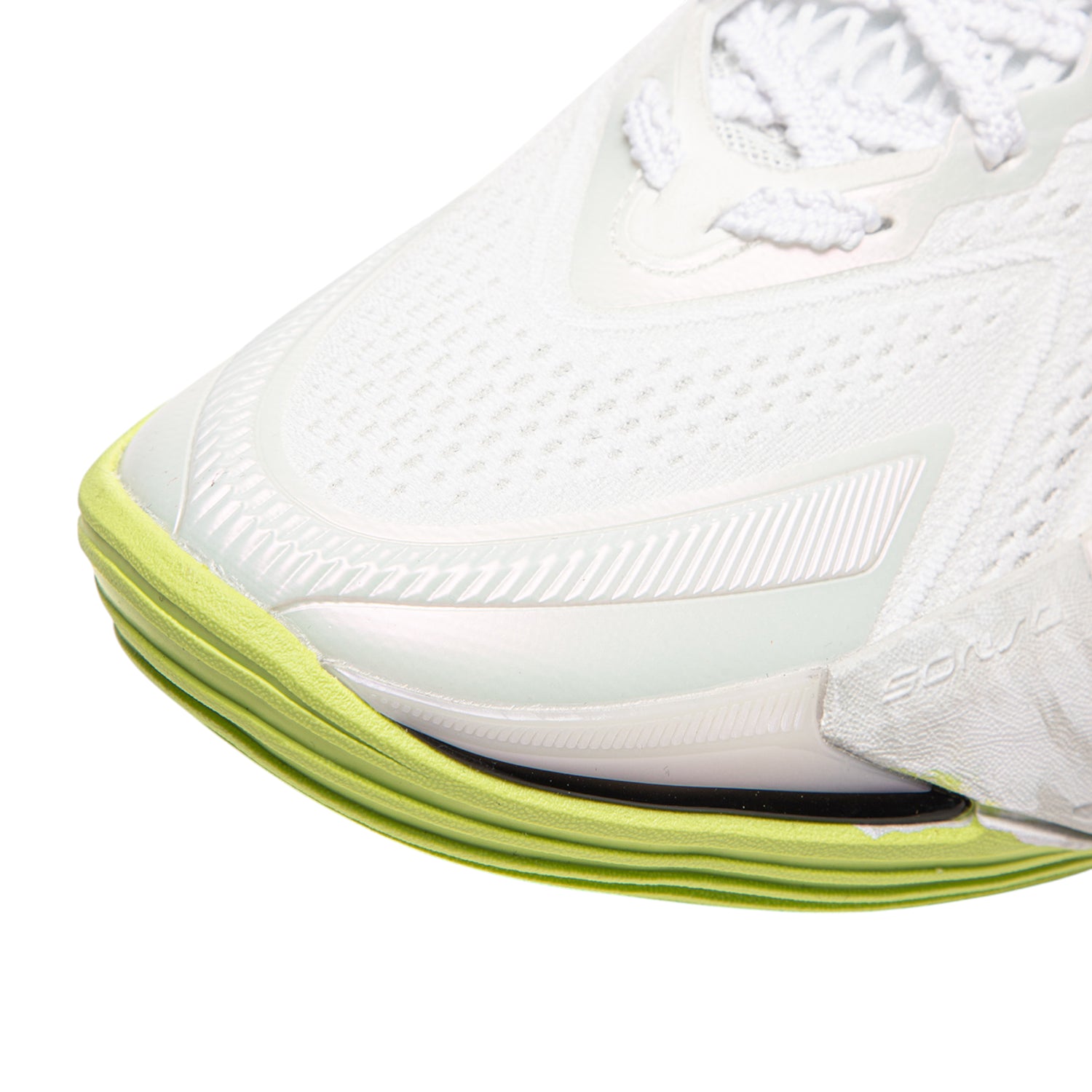 Scarpe da basket LI NING SONIC XIII V2 bianche con dettagli viola e lime, modello basso per uomo, visibile in primo piano.