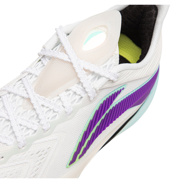 Scarpe da basket LI NING SONIC XIII V2 bianche, viola e lime, stile sportivo, con suola antiscivolo e design moderno.