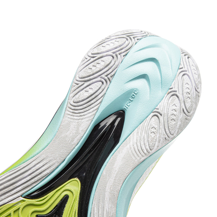 Scarpe da basket LI NING SONIC XIII V2 bianche, viola e lime, design sportivo e moderno per uomo.