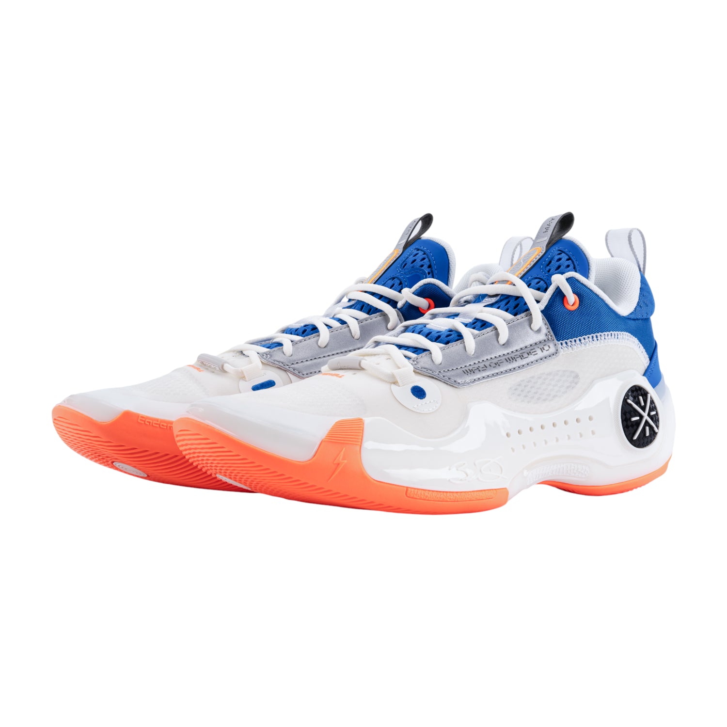 Scarpe da basket LI NING WAY OF WADE 10 LOW "Draft Day" uomo, blu, bianco e arancione, dettagli della tomaia