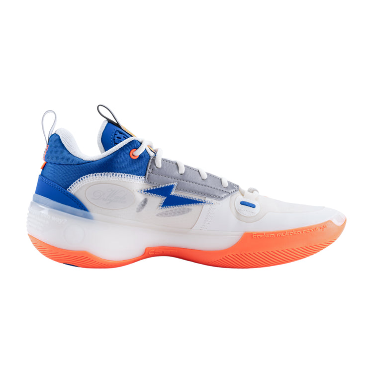 Scarpa da basket LI NING Way of Wade 10 Low Draft Day uomo, blu, bianco e arancione, dettagli della scarpa sportiva.