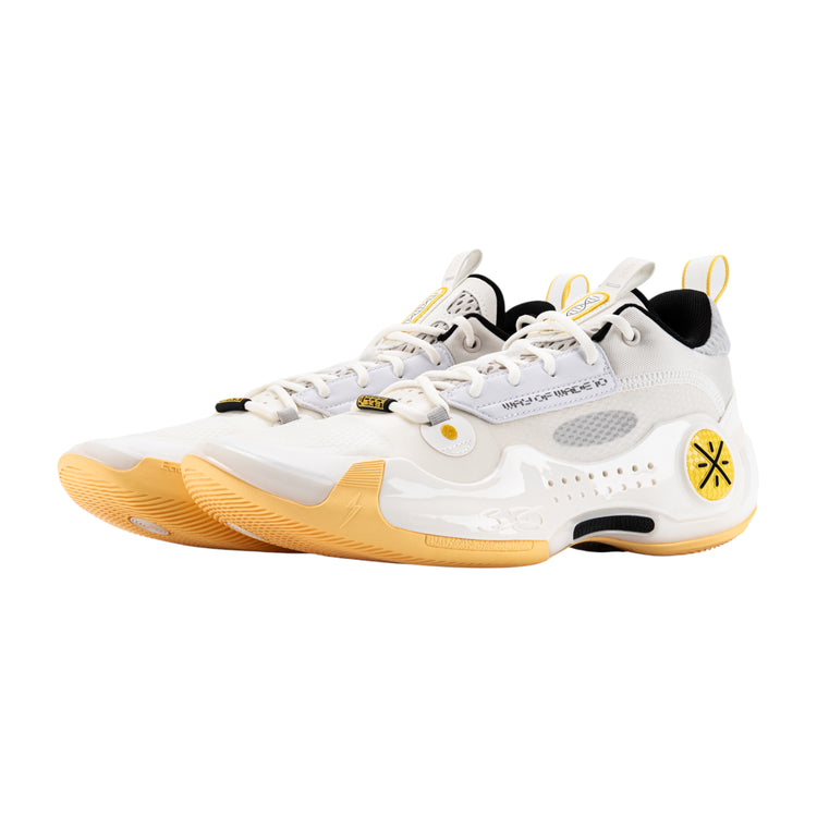 Scarpe da basket Way of Wade 10 Low LI NING, modello uomo in giallo, nero e bianco, con design sportivo e suola antiscivolo.