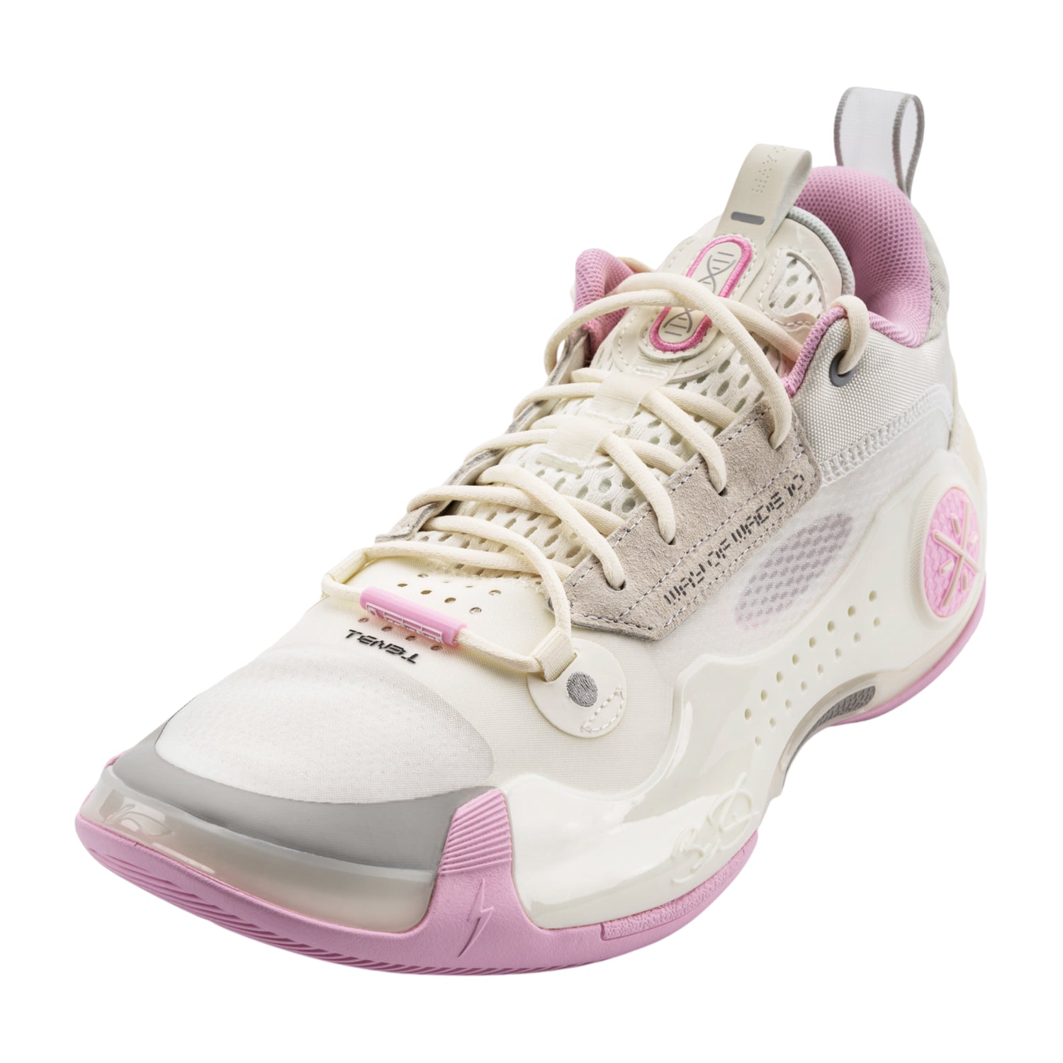Scarpe da basket Li Ning Way of Wade 10 Low Storm Surge in bianco e rosa, con suola antiscivolo e design sportivo.