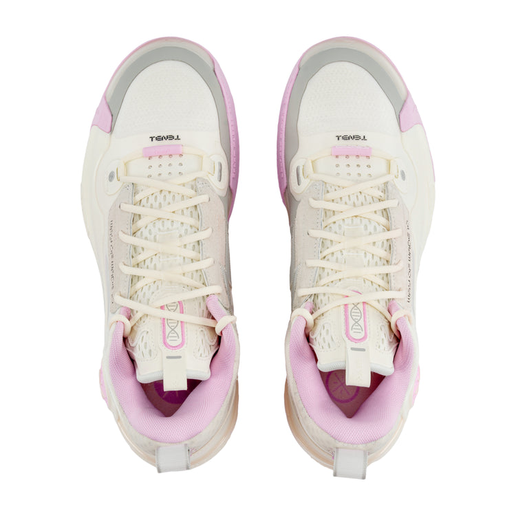 Scarpe da basket LI NING Way of Wade 10 Low Storm Surge in rosa e bianco, modello uomo, su sfondo bianco.