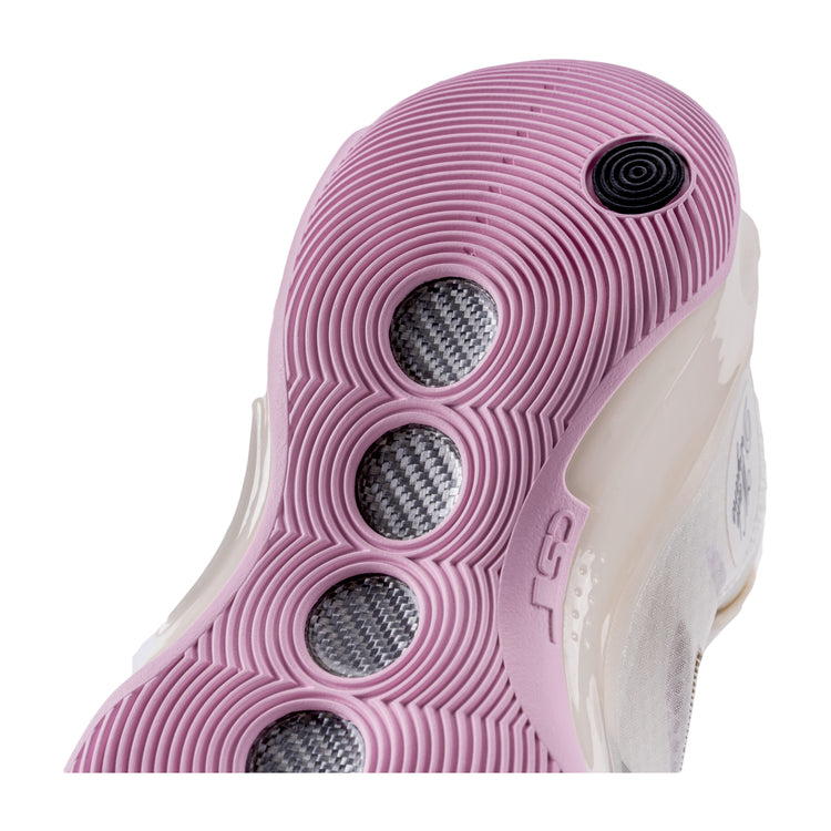 Scarpe da basket Li-Ning Way of Wade 10 Low Storm Surge in panna, rosa e bianco, con design sportivo e suola antiscivolo.