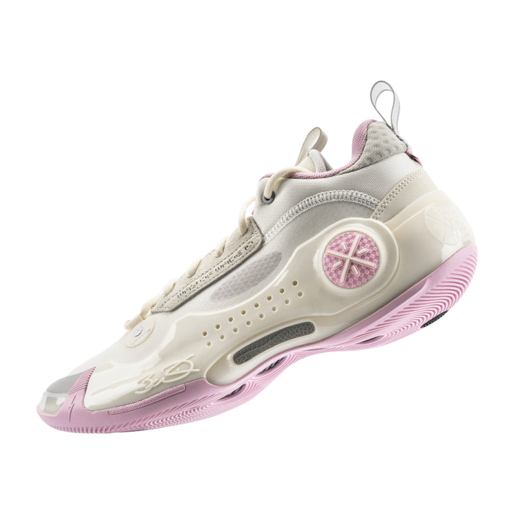 Scarpe da basket LI NING Way of Wade 10 Low Storm Surge, modello uomo in rosa e bianco, con suola antiscivolo.