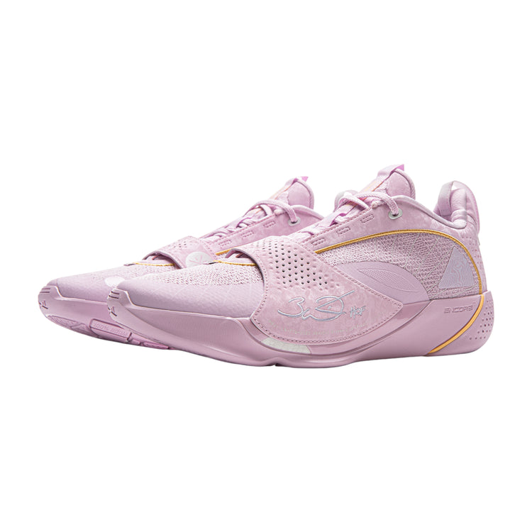 Scarpe da basket Li Ning Wade All City 13 Encore "Family Love" in rosa e bianco, stile sportivo e design moderno.