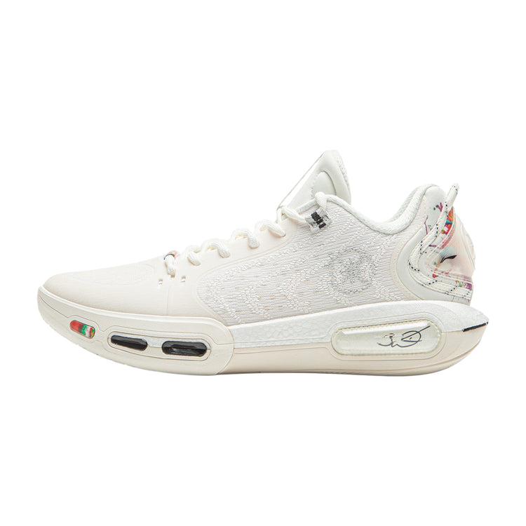 Scarpe da basket Li-Ning Wade Shadow 7 Fireworks, modello uomo, design bianco e multicolore, dettagli e suola visibili.