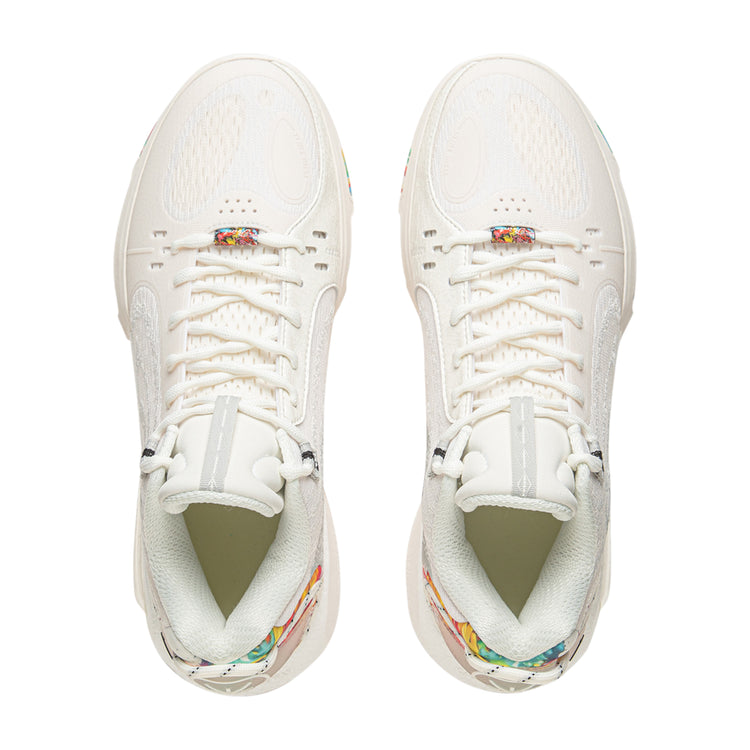 Scarpe da basket Li-Ning Wade Shadow 7 Fireworks per uomo, design bianco e multicolore, dettagli visibili sulla tomaia.