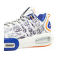 Scarpe da basket Li-Ning Wade Shadow 7 Jayflow, modello da uomo bianco, arancione e blu, visibile frontale con dettagli sportivi.