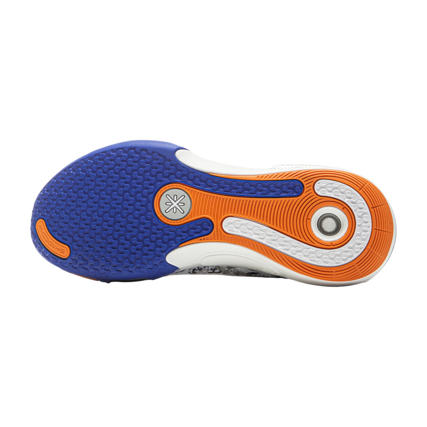 Scarpe da basket Li-Ning Wade Shadow 7 Jayflow, modello uomo con design bianco, arancione e blu, su sfondo neutro.