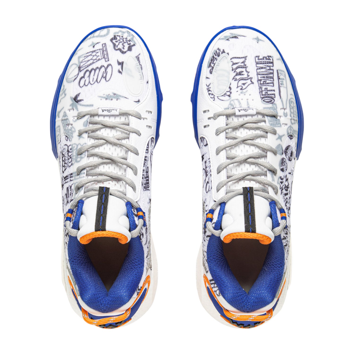 Scarpe da basket LI NING Wade Shadow 7 Jayflow, modello uomo, bianco, arancione e blu, vista frontale con design sportivo.