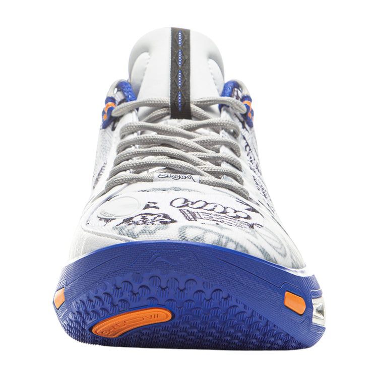 Scarpe da basket LI NING Wade Shadow 7 Jayflow, modello da uomo con design bianco, arancione e blu.