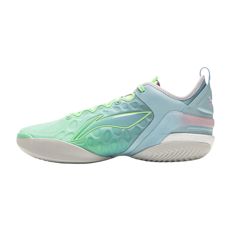Scarpe da basket LI-NING YUSHUAY 19 V2 in verde e blu, con design sportivo e suola antiscivolo, per allenamento e gioco.