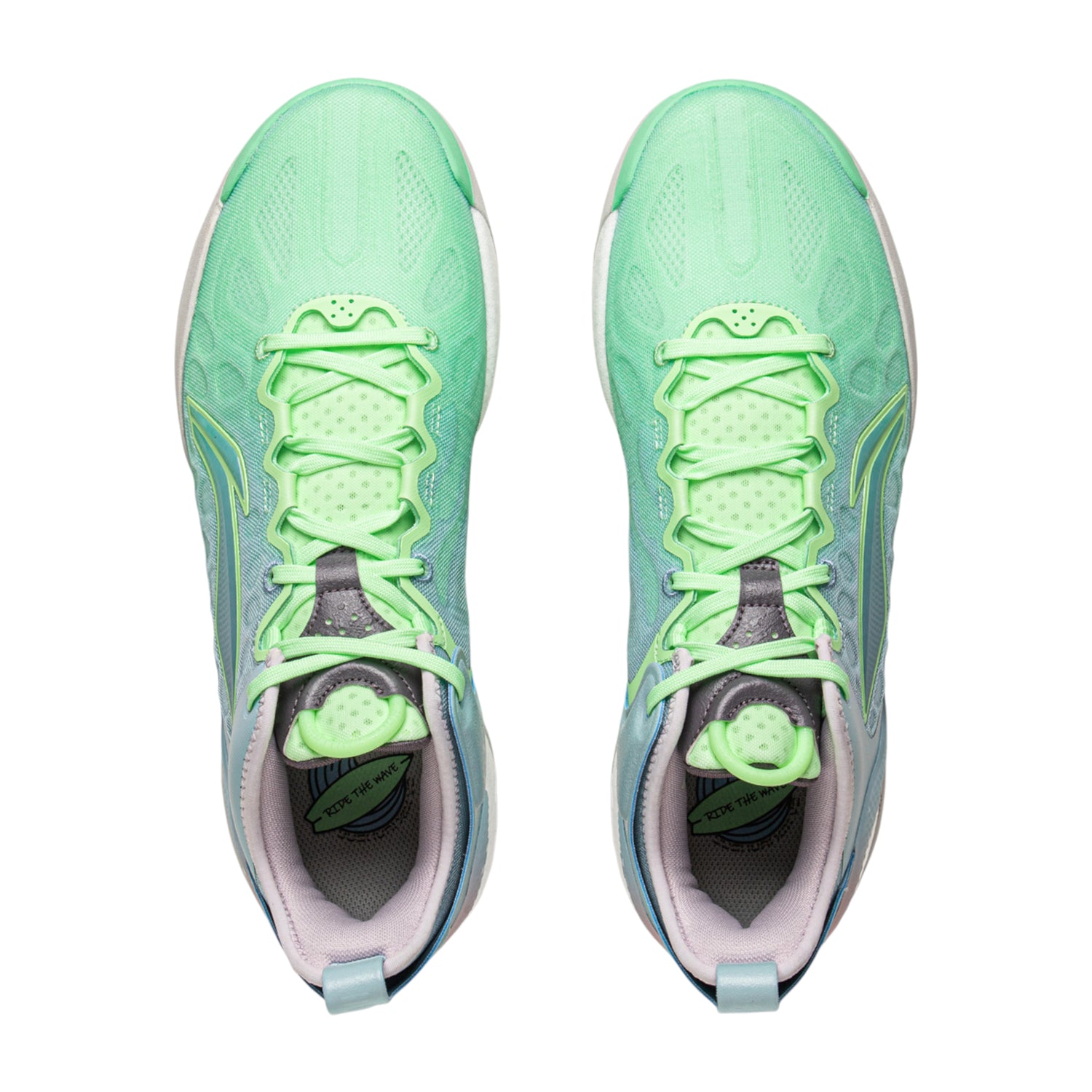 Scarpe da basket LI-NING YUSHUAY 19 V2 in verde e blu, con suola bianca e design sportivo per uomo.