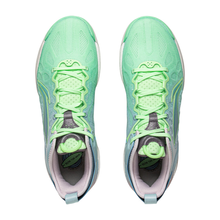 Scarpe da basket LI-NING YUSHUAY 19 V2 in verde e blu, con suola bianca e design sportivo per uomo.