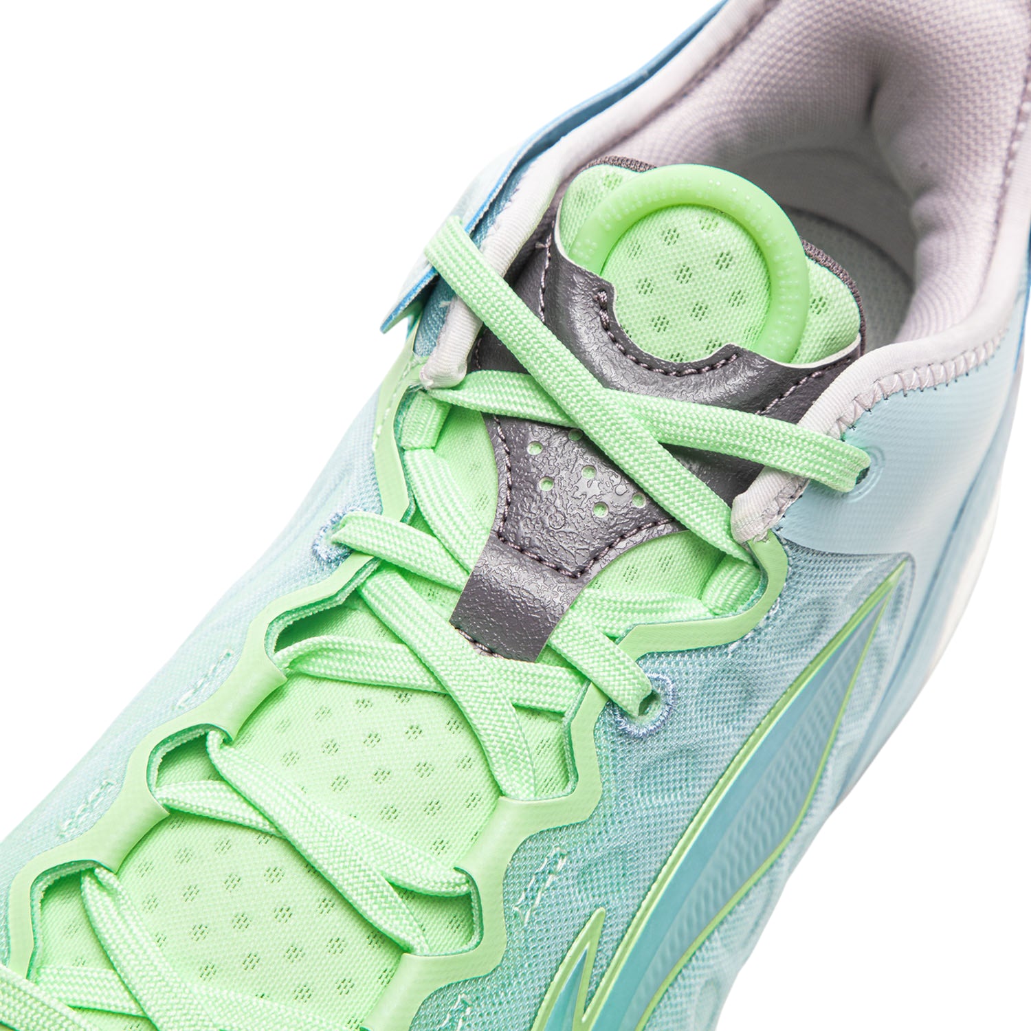 Scarpe da basket LI NING Yushuai 19 V2 in blu, verde e acqua, stile basso, vista frontale con dettagli dei materiali.