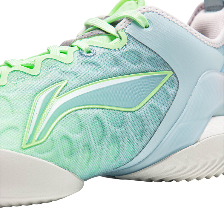 Scarpe da basket LI-NING YUSHUAY 19 V2 in blu, verde e acqua, con design sportivo e suola antiscivolo.