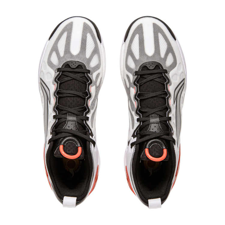 Scarpe da basket LI NING YUSHUAI 19 V2 Low, modello da uomo bianco rosso e nero, con suola antiscivolo e design sportivo.