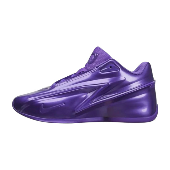 Scarpe da basket Nike KD 19 "Purple Stuff" in viola e verde, modello signature di Kevin Durant, su sfondo neutro.