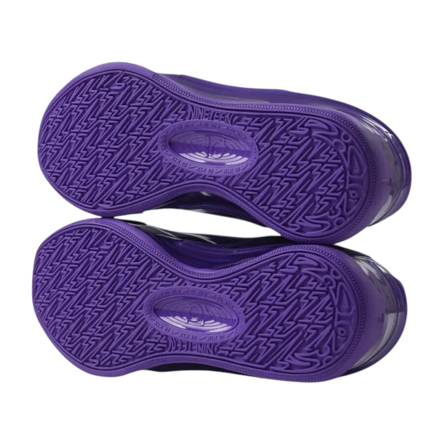 Scarpe da basket Nike KD 19 "Purple Stuff" viola e verde, modello signature di Kevin Durant, vista frontale e laterale.